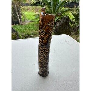 Hand Carved Honeycomb Texture Bee Motif Rustic Farm Garden Inspired Vase Signed